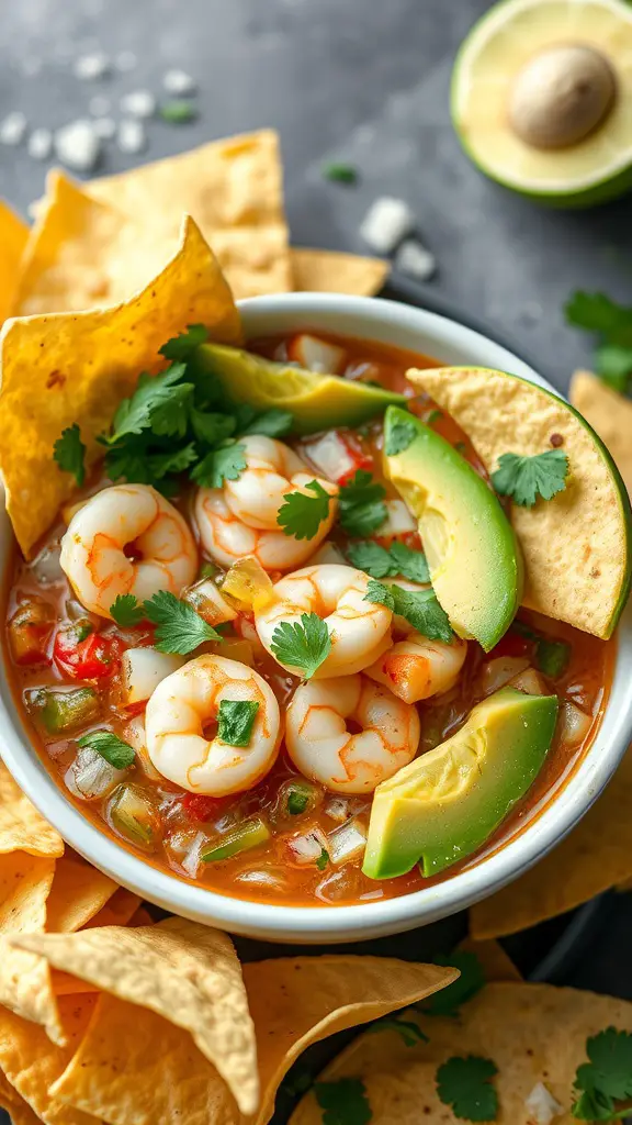 A bowl of shrimp ceviche garnished with avocado and cilantro, served with tortilla chips on the side.