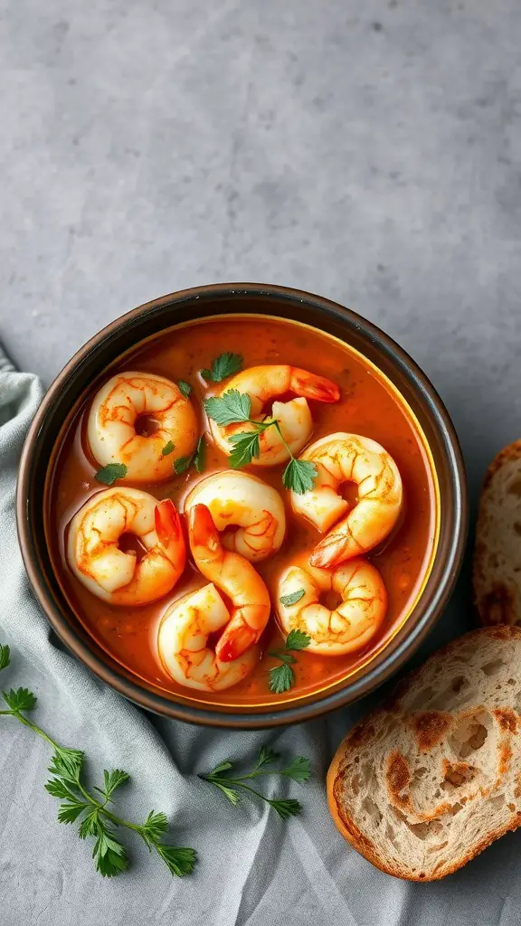 Bowl of shrimp cioppino with crusty bread on the side