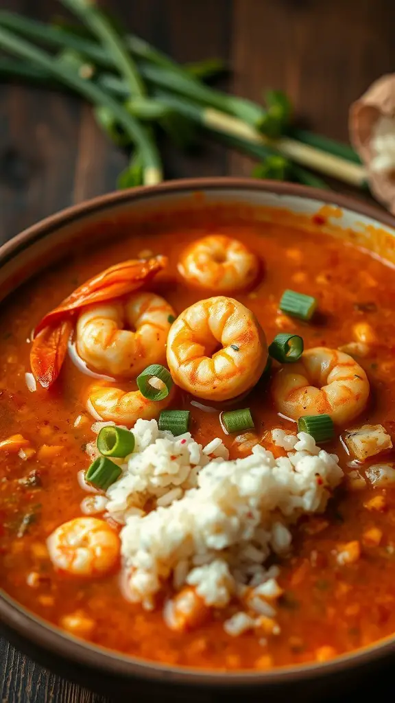 A bowl of shrimp gumbo with rice, featuring shrimp, vegetables, and garnished with green onions.