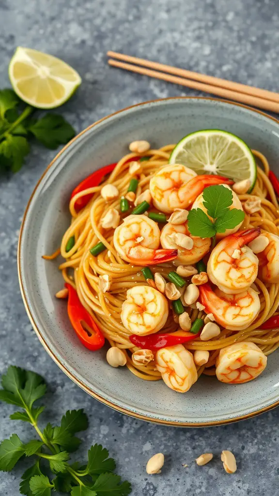 A bowl of Shrimp Pad Thai garnished with peanuts and lime.