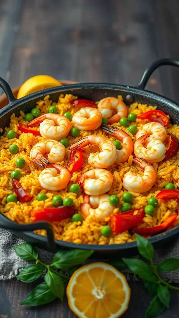 A colorful dish of shrimp paella with bell peppers, garnished with peas and lemon slices.