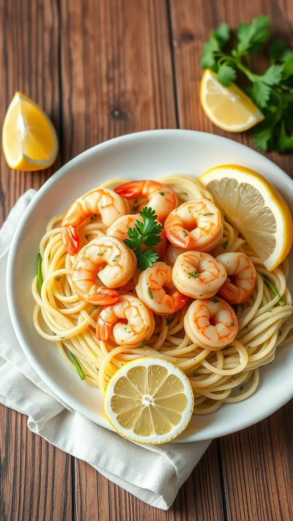 A plate of shrimp scampi with zucchini noodles garnished with lemon slices and parsley.