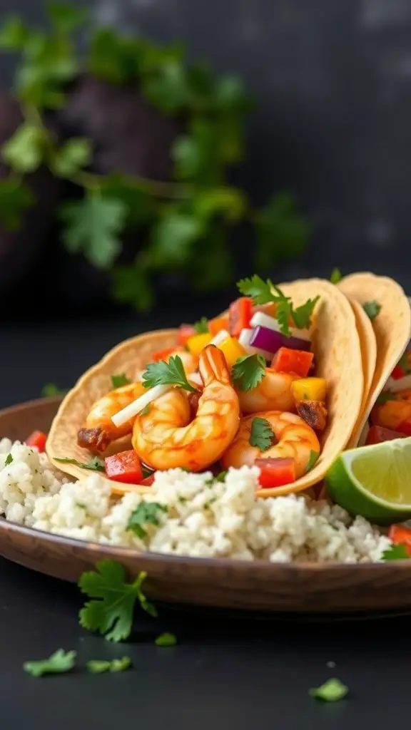 Shrimp tacos served with cilantro lime rice and garnished with fresh vegetables.