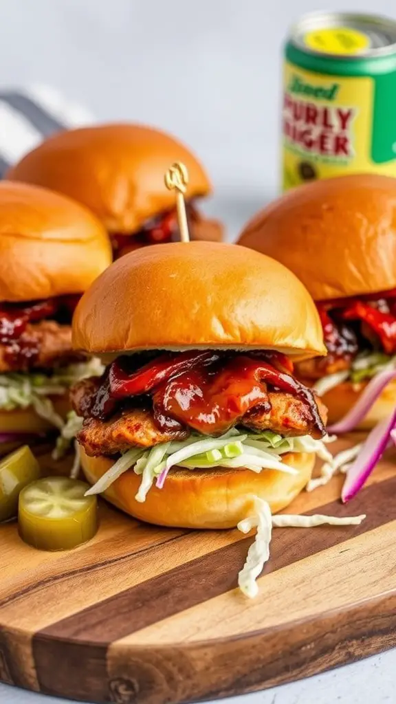Delicious smoked BBQ pork belly sliders on a wooden platter with toppings.