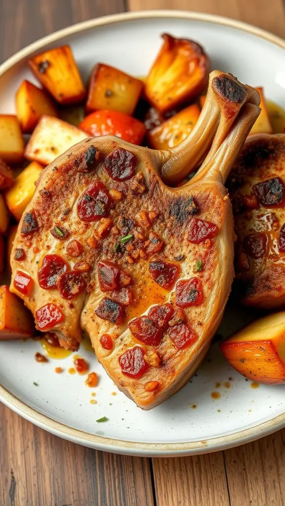 Plated smoked paprika and brown sugar pork chops with a colorful side.