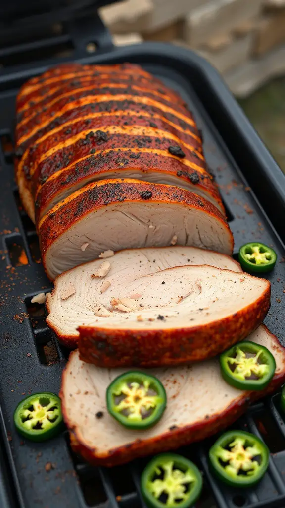 Smoked paprika and chipotle pork loin sliced and garnished with jalapenos.