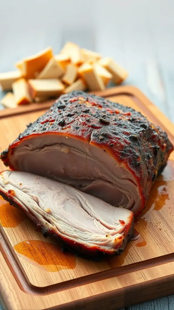 A smoked pork belly on a cutting board, sliced and ready to serve