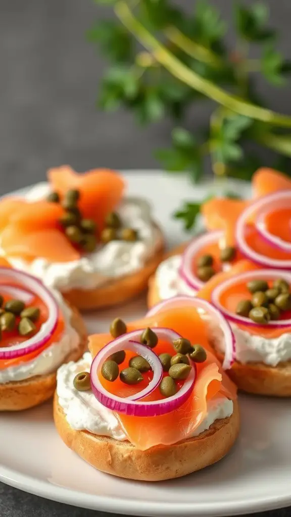 Smoked salmon and cream cheese bagels topped with red onion and capers