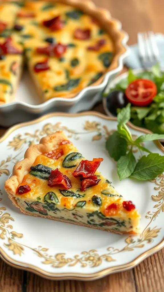 A slice of Smoky Bacon and Spinach Quiche on a decorative plate, garnished with fresh herbs.