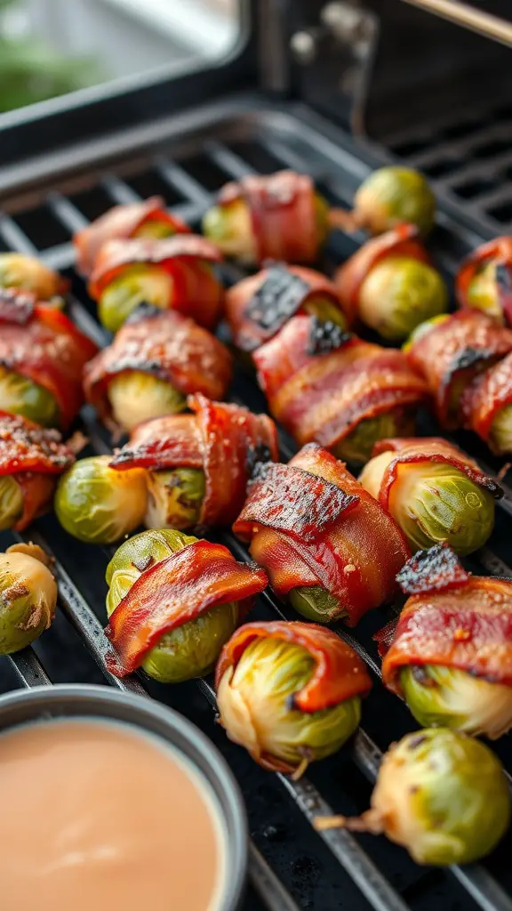 Crispy bacon wrapped Brussels sprouts on a grill