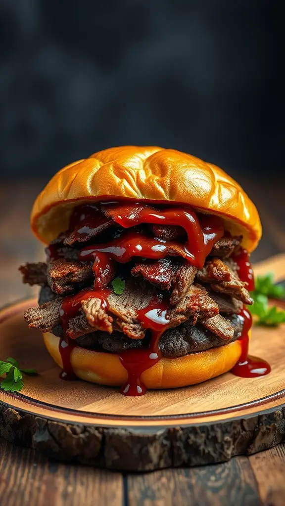 A delicious smoky BBQ brisket burger with layers of tender brisket and barbecue sauce on a soft bun.