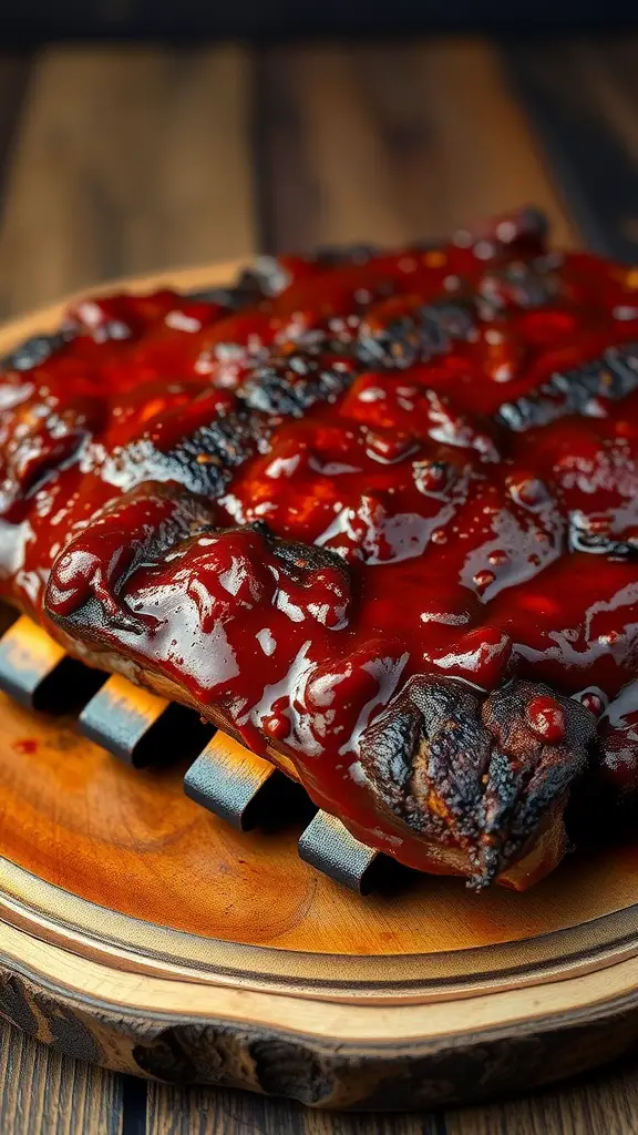 Delicious smoky BBQ ribs coated in homemade sauce on a wooden platter.