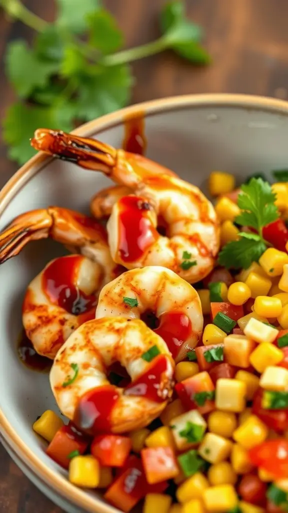 A plate of smoky BBQ shrimp served with a colorful corn salsa.