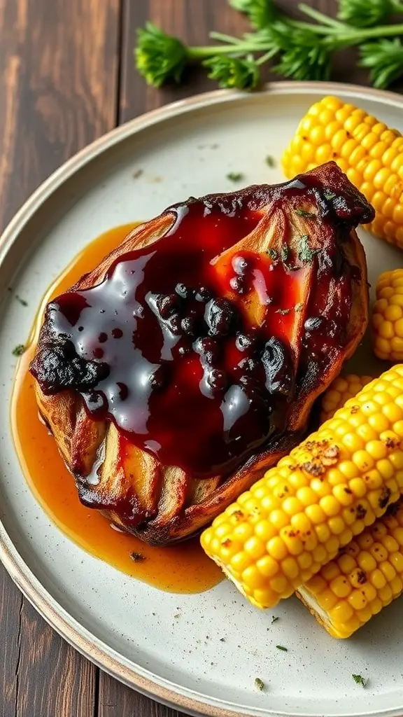 Grilled pork chop with bourbon BBQ sauce and corn on the side