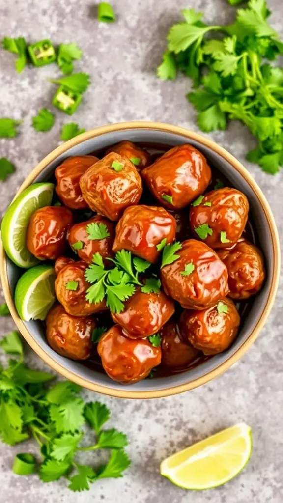 Delicious smoky chipotle BBQ meatballs served with lime wedges and cilantro.