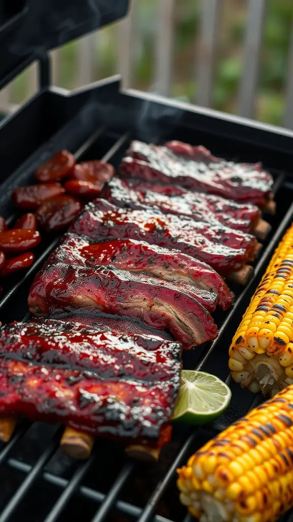 Delicious smoky chipotle BBQ ribs on a grill with corn