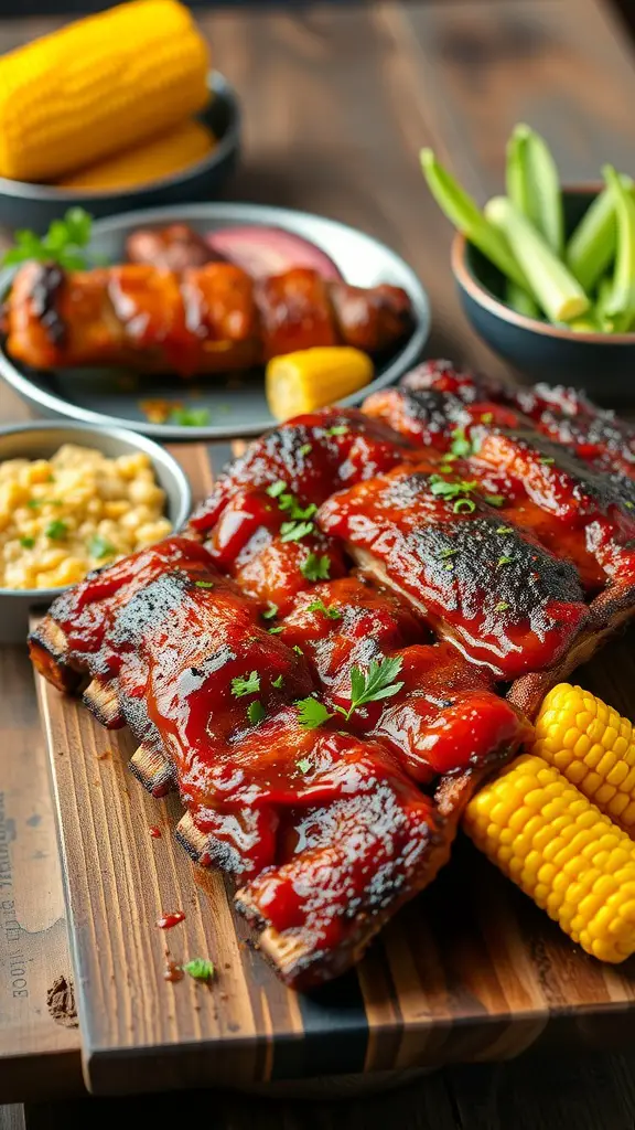 Delicious smoky chipotle BBQ ribs served with corn and sides.