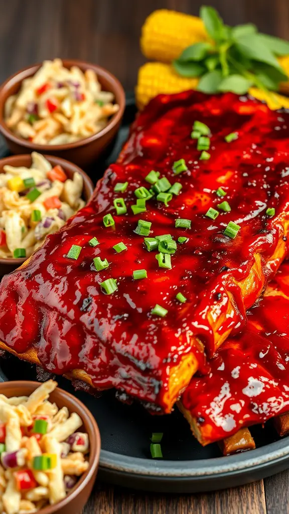 Delicious Smoky Chipotle Glazed Ribs served with sides