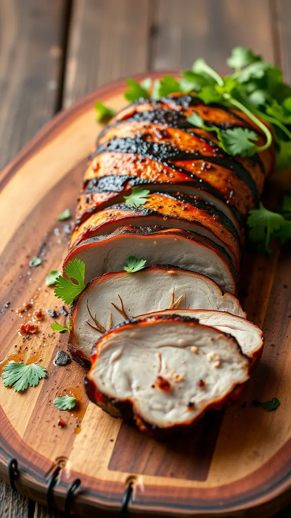 A sliced, grilled pork tenderloin garnished with herbs on a wooden platter.