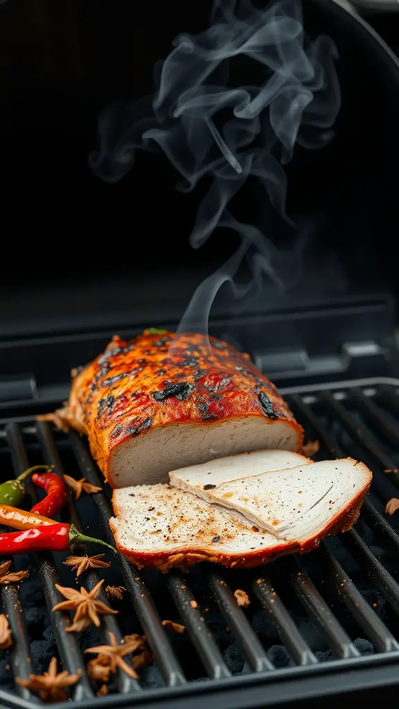 Grilled Smoky Chipotle Pork Loin slices with fresh peppers on grill