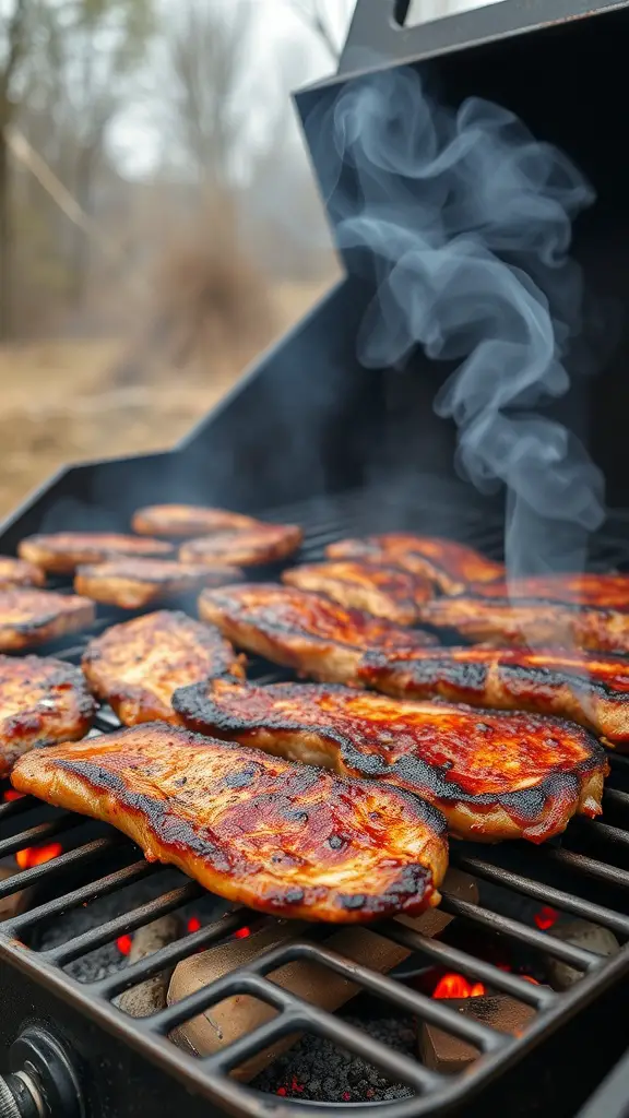 Grilled pork steaks with a smoky appearance, ready to be served.