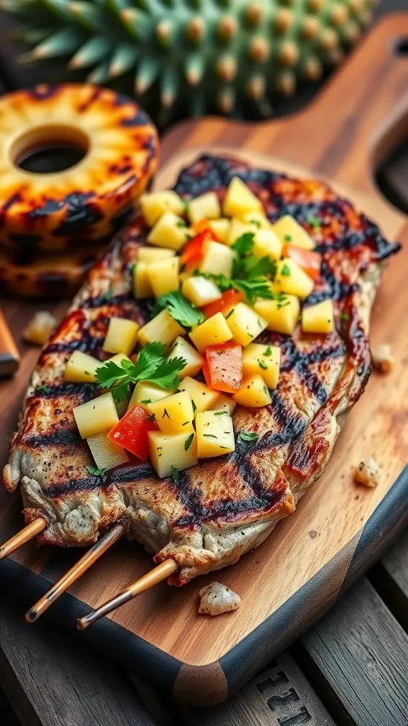 Smoky grilled pork chops topped with fresh pineapple salsa on a wooden board.