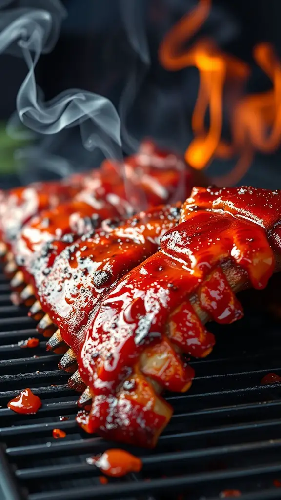 Deliciously glazed smoky honey BBQ ribs on a grill