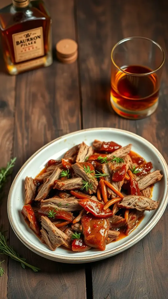 Plate of Smoky Maple Bourbon Pulled Pork with barbeque sauce and garnishes.