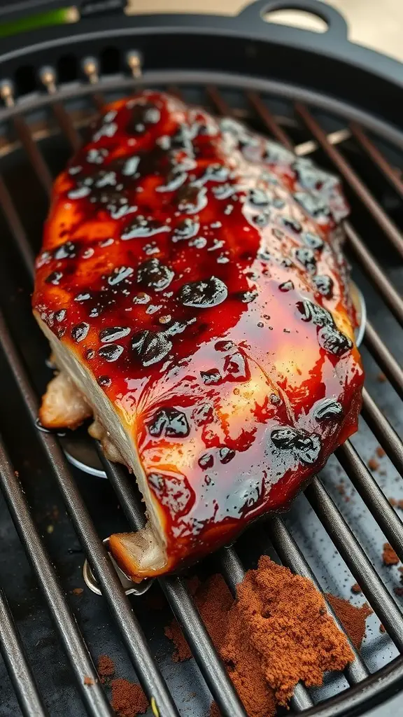 A piece of smoky maple glazed pork belly on a grill