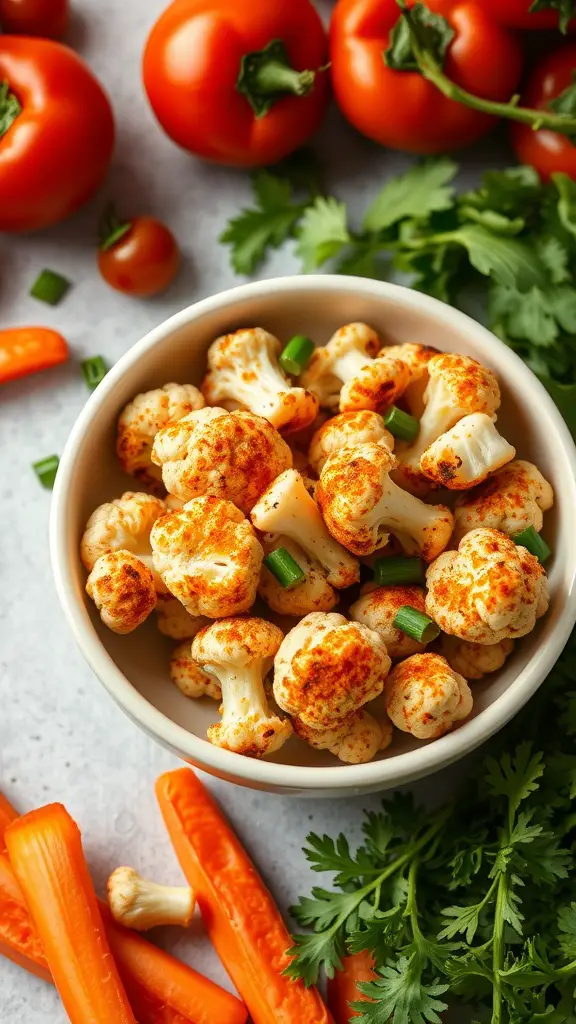 A bowl of smoky paprika cauliflower bites surrounded by fresh vegetables.