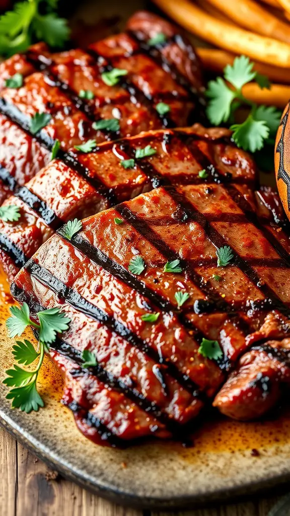 Delicious grilled flank steak garnished with herbs