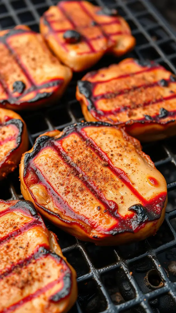 Grilled pork chops with a smoky glaze on a grill.