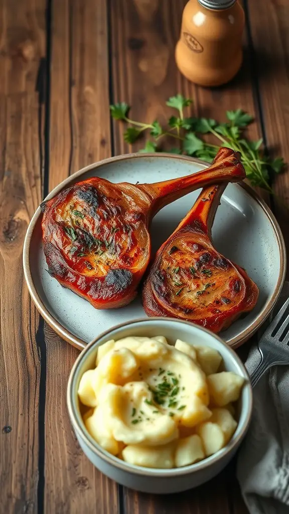 Smoky paprika pork chops plated with creamy mashed potatoes.