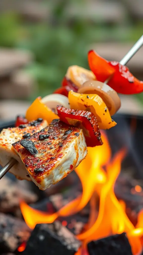 Grilled trout skewers with colorful vegetables