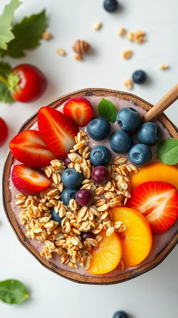 A smoothie bowl topped with fresh fruit and granola.