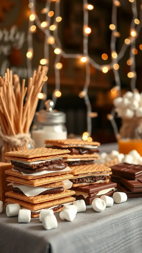A delightful setup for a S'mores bar featuring graham crackers, chocolate bars, and marshmallows.