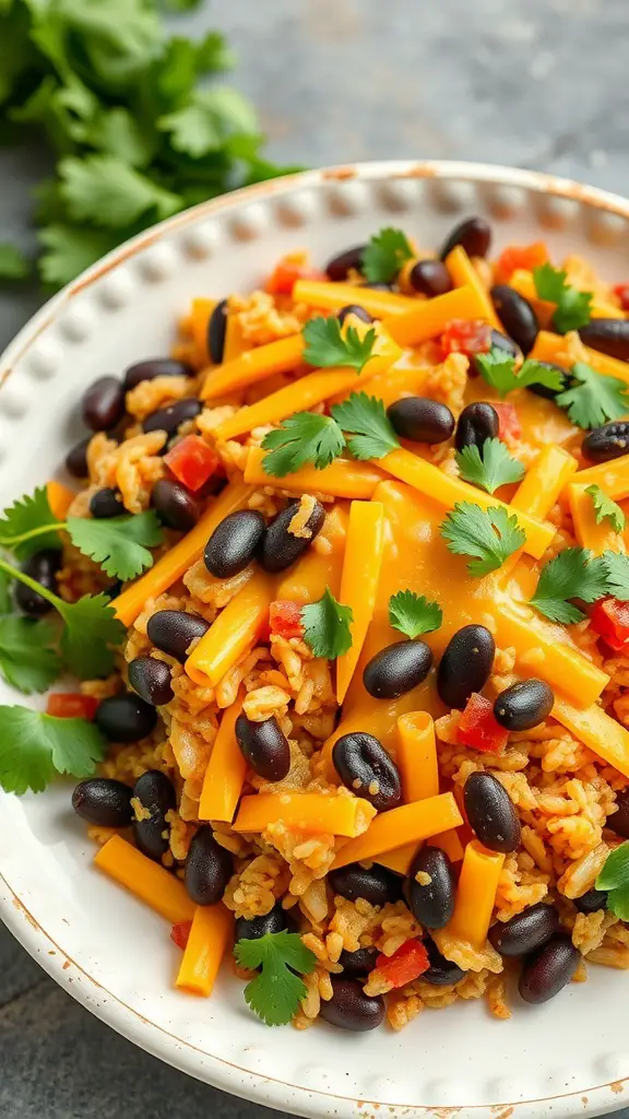 A delicious Southwestern Black Bean and Rice Bake topped with cheese and fresh cilantro.