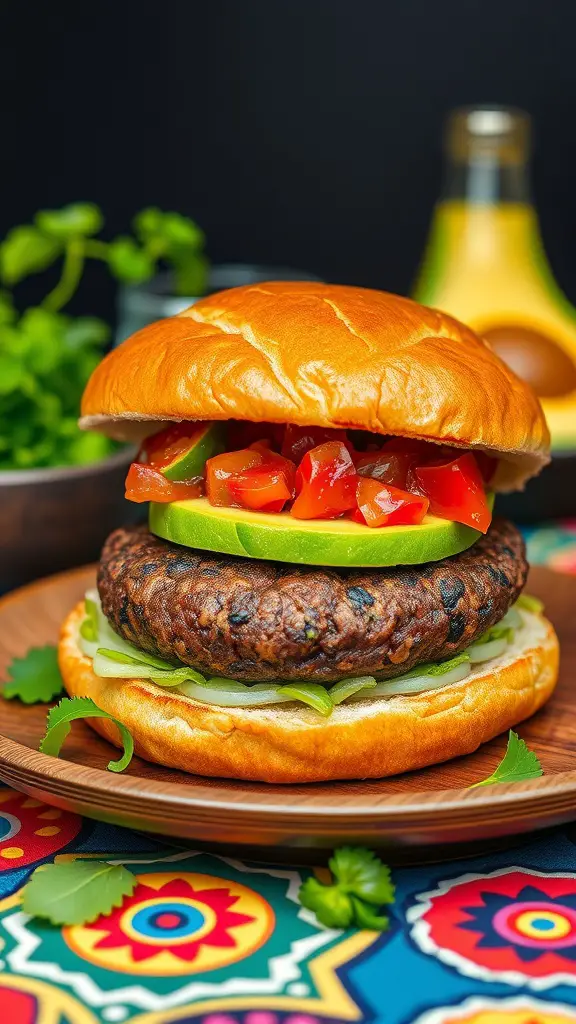 A Southwestern Black Bean Burger with fresh toppings