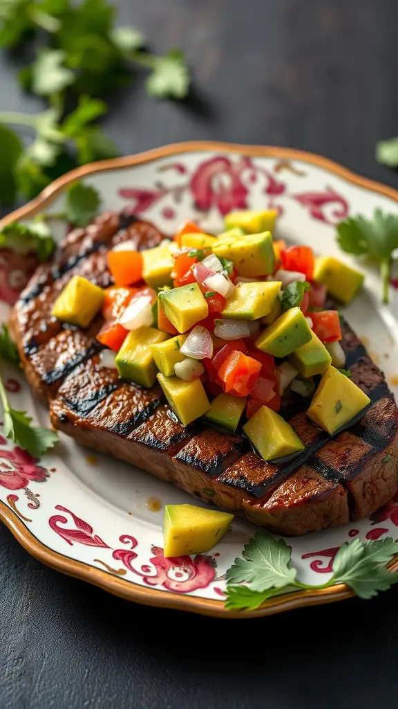 A beautifully grilled flank steak topped with colorful avocado salsa, garnished with fresh cilantro.