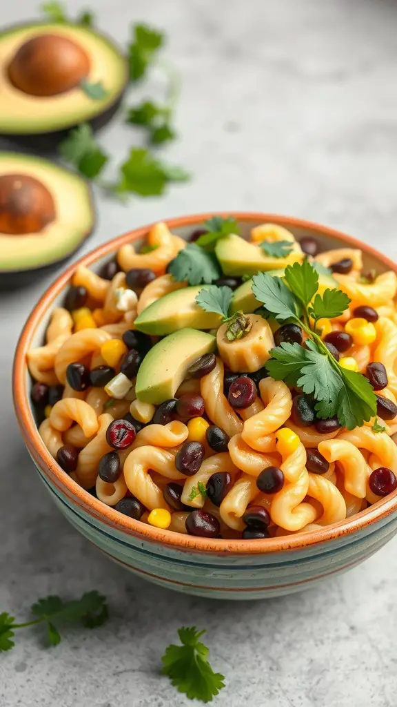 A colorful bowl of Southwestern pasta salad with avocado and cilantro, featuring pasta, black beans, corn, and cherry tomatoes.