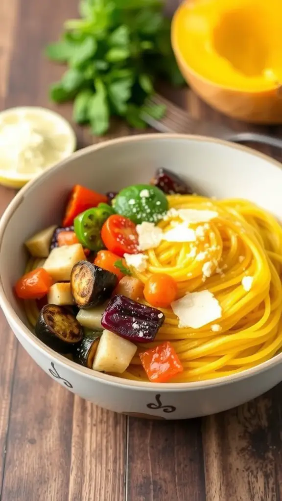 A bowl of spaghetti squash primavera with colorful vegetables.