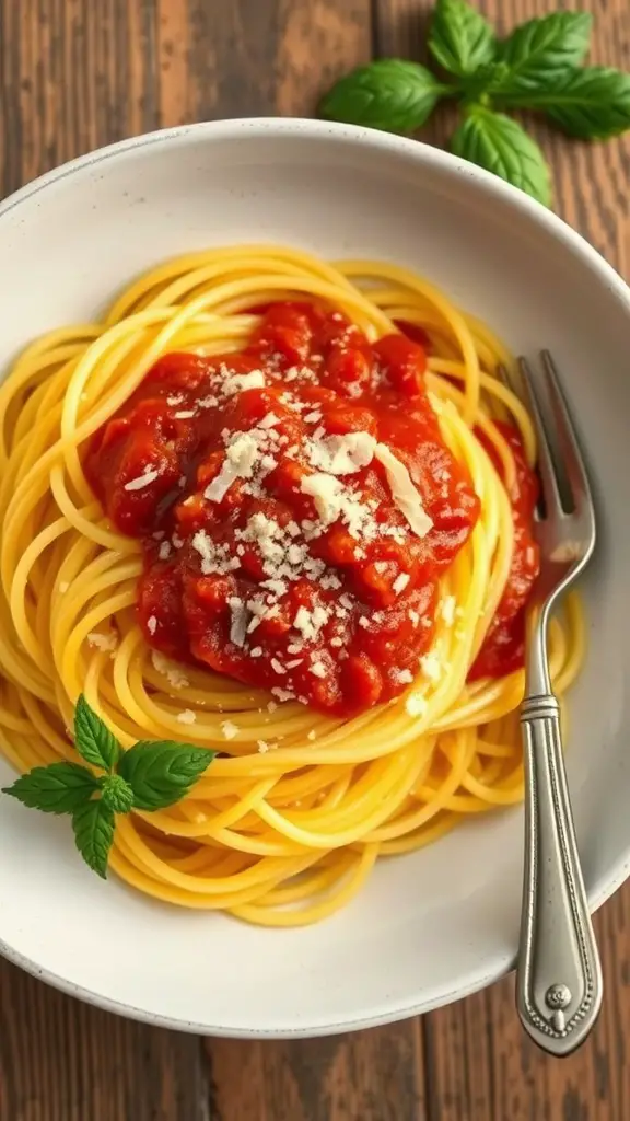 A bowl of spaghetti squash topped with marinara sauce and garnished with basil.