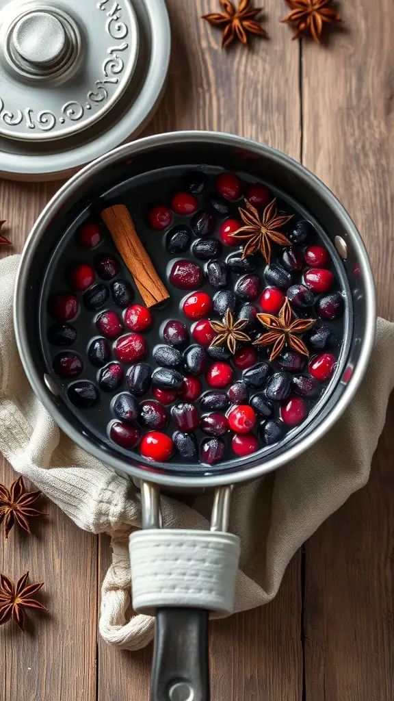 A pot of spiced berry medley simmering with berries and spices.