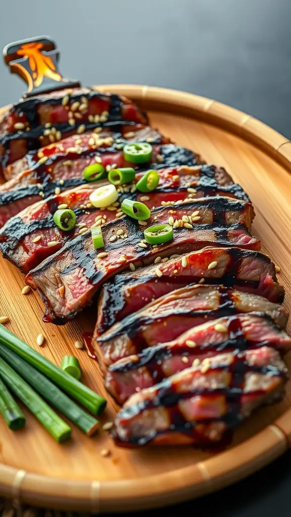 Juicy grilled flank steak garnished with green onions and sesame seeds