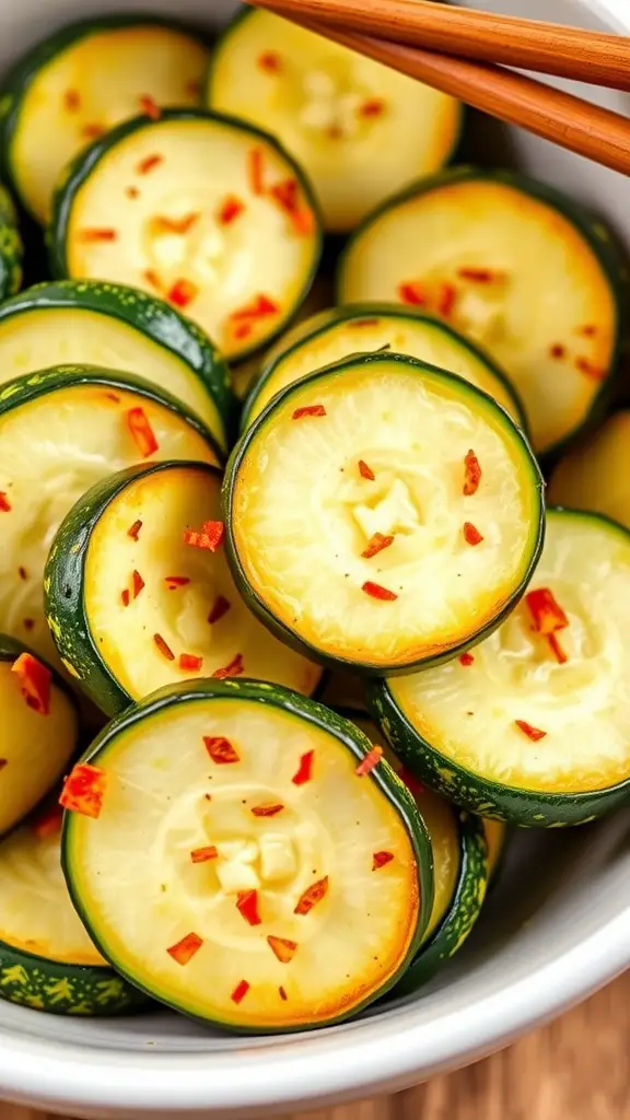 Spicy baked zucchini slices with chili flakes in a bowl
