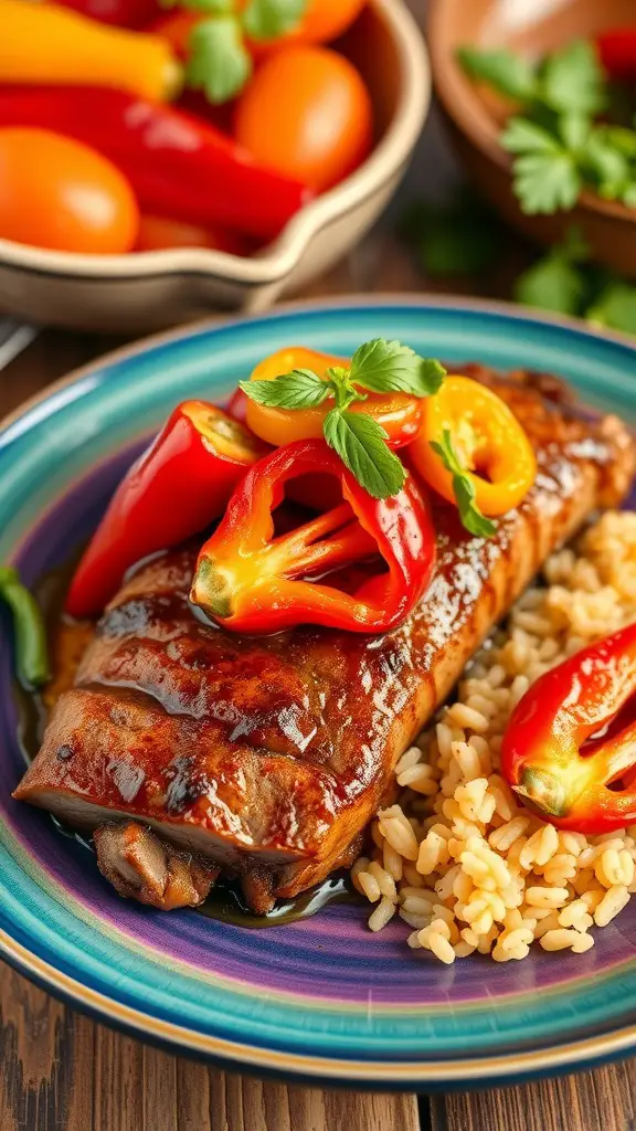 Spicy Cajun Pork Loin served with colorful peppers and rice.