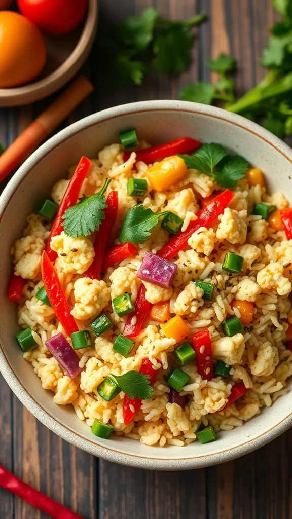 A bowl of spicy cauliflower rice stir-fry with colorful vegetables.