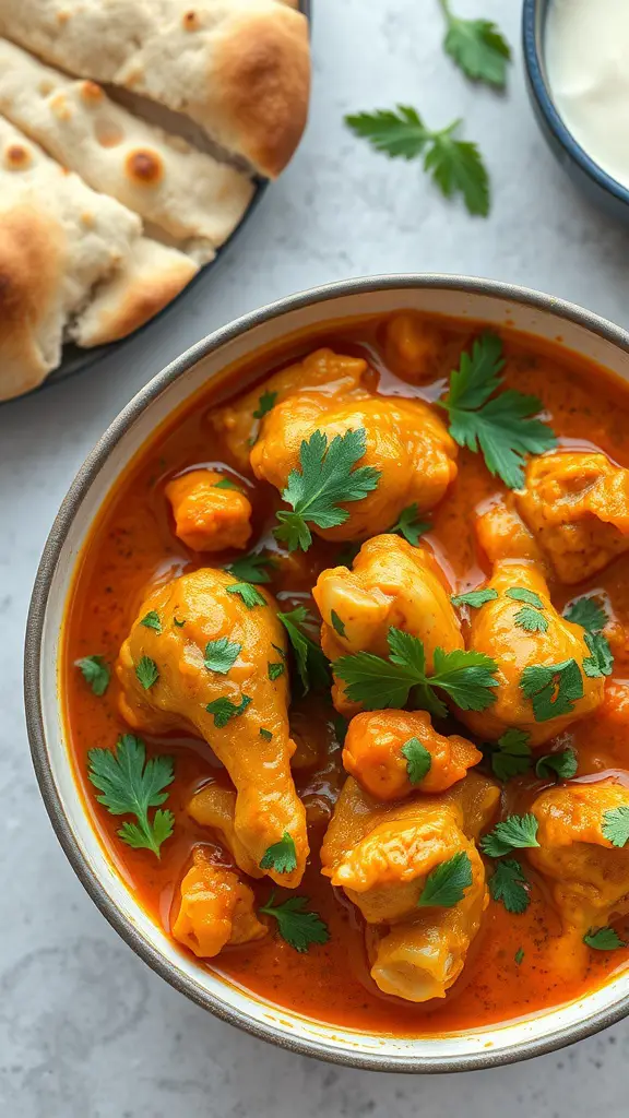 A bowl of spicy chicken curry garnished with cilantro, served with naan bread on the side.