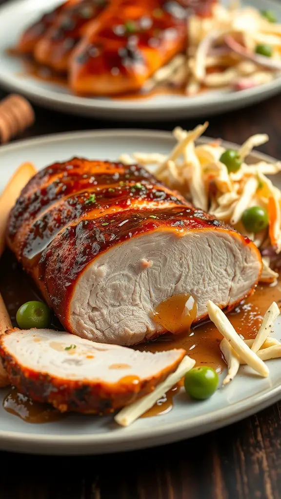 Spicy Chipotle and Honey Glazed Pork Loin on a plate with sides