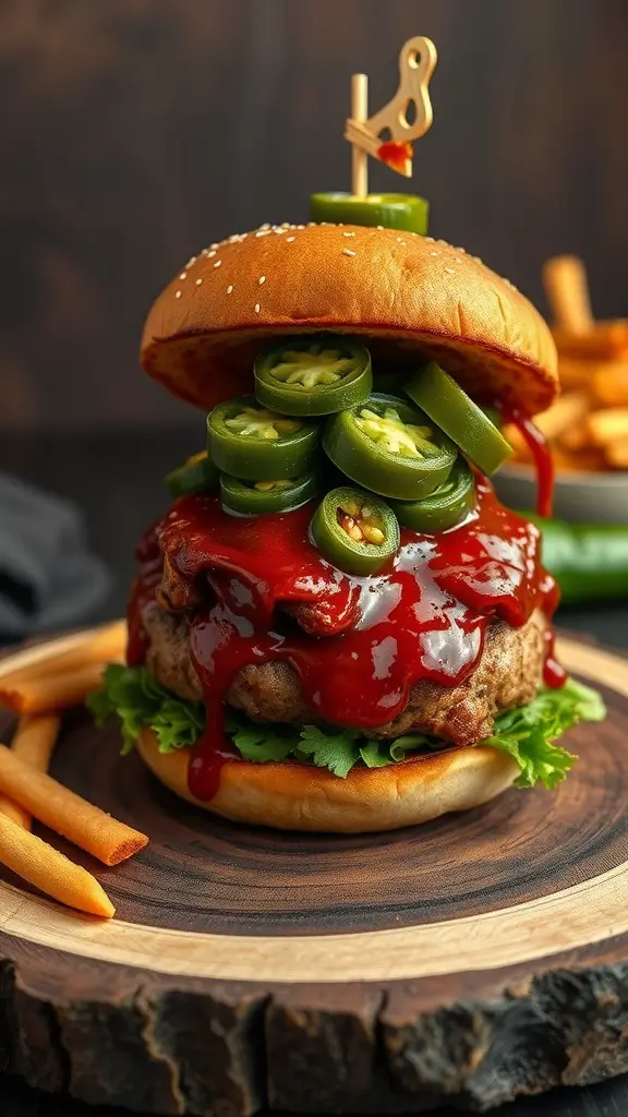 A spicy chipotle BBQ burger piled high with toppings.